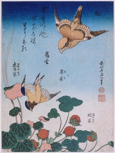 Trago y begonia y fresa pastel - Katsushika Hokusai