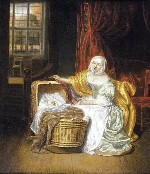 Mother with a Child in a Wicker Cradle - Samuel Dirksz van Hoogstraten