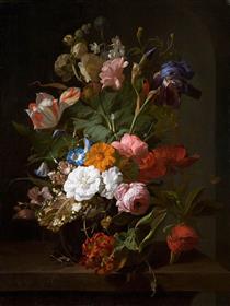 Flowers in a Glass Vase, with a Cricket in a Niche - Rachel Ruysch