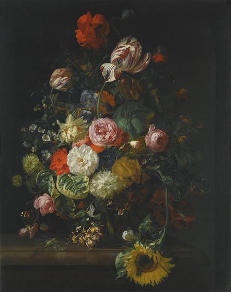 Flowers in a Glass Vase with a Dragonfly, on a Marble Slab, 1710 - Rachel Ruysch