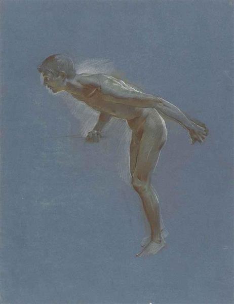 A Male Nude, Leaning Forward, Holding a Bar - Adolf Hirémy-Hirschl