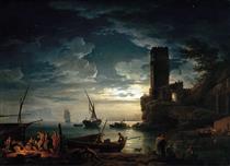 Nuit - Scène de côte méditerranéenne avec des pêcheurs et des bateaux - 克劳德·约瑟夫·韦尔内