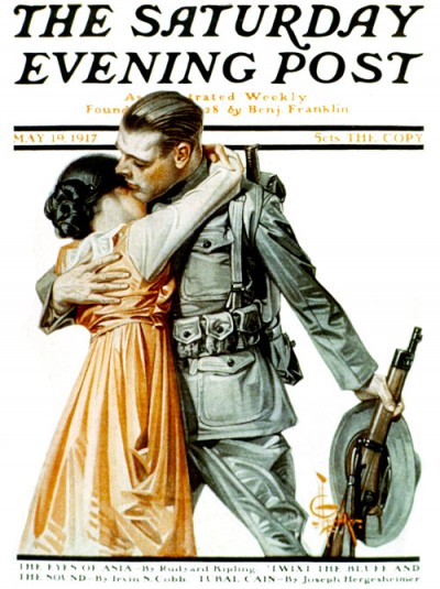 Woman Kissing Soldier Goodbye, by J. C. Leyendecker. Saturday Evening Post Cover, May 19, 1917, 1917 - J. C. Leyendecker