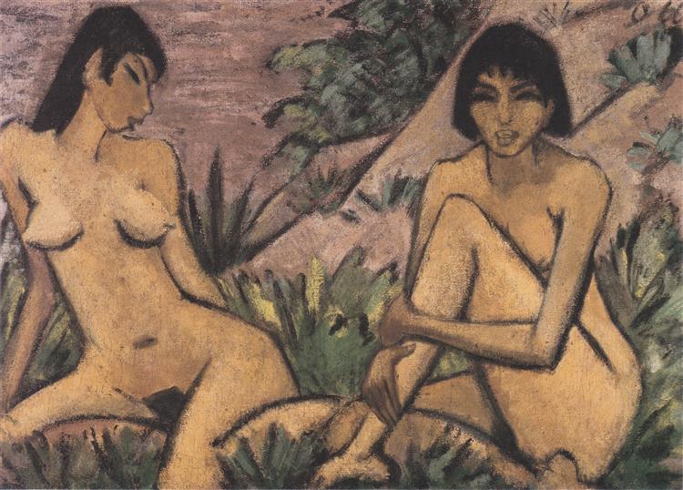 Zwei in Dünen Sitzende Mädchen, 1926 - Отто Мюллер
