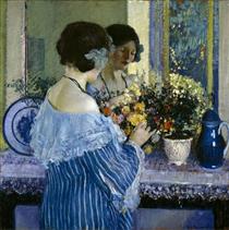 Girl in Blue Arranging Flowers - Frederick Carl Frieseke
