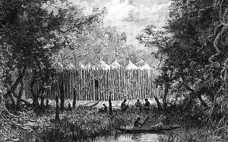 A Boma in the Forest. Illustration Published 1892 in Paris in Édouard Charton's Tour Du Monde Magazine ('around the World'), to Go with An Article on the Stairs Expedition to Katanga Written from the Journal of Explorer Christian De Bonchamps. - Edouard Riou