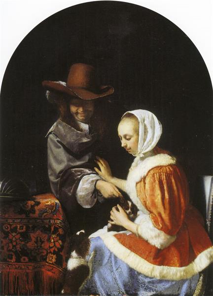 A Man and a Woman with Two Dogs, Known as ‘Teasing the Pet’, 1660 - Frans van Mieris el Viejo