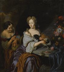 Portrait of a Lady with Her Dog and a Maid - Michiel van Musscher