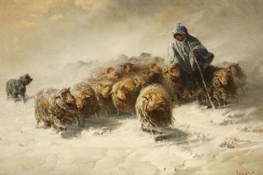FLOCK OF SHEEP IN THE SNOW - Август Шенк