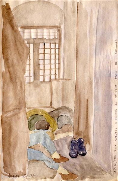Sketched during the real event. My family is sleeping in the corridor during the bombing of the city of Karlovac on 28.12.1991, 1991 - Альфред Фредді Крупа