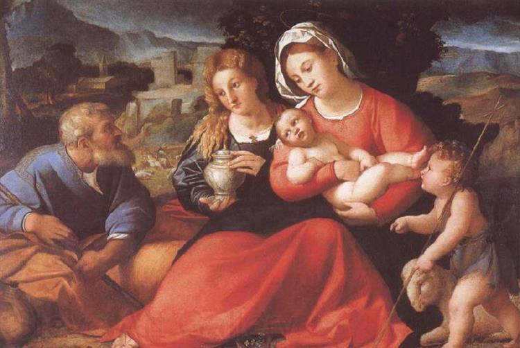 The Holy Family with Mary Magdalene and the infant saint John, c.1520 - Якопо Пальма старший