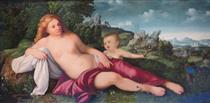 Venus and Cupid in a Landscape - Jacopo Palma