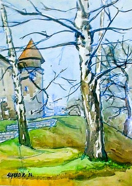 The old birch at the Dubovac Castle en plein air, 1994 - Альфред Фредди Крупа