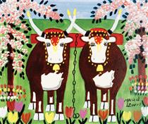 Oxen in Spring - Мод Льюис