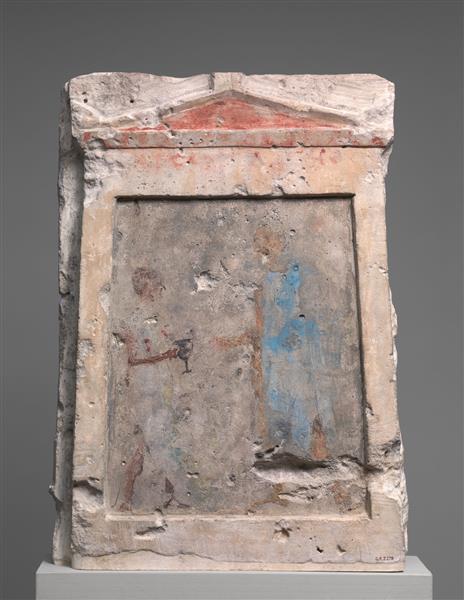 Painted Limestone Funerary Slab with a Soldier Taking a Kantharos from His Attendant, c.275 BC - Ancient Greek Painting and Sculpture