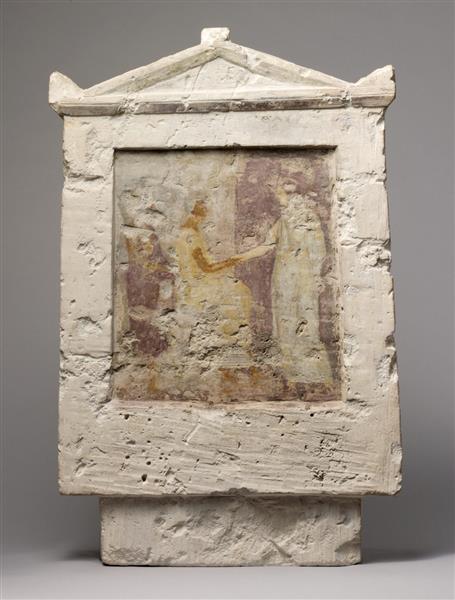 Painted Limestone Funerary Stele with a Seated Man and Two Standing Figures, c.300 BC - Ancient Greek Painting and Sculpture