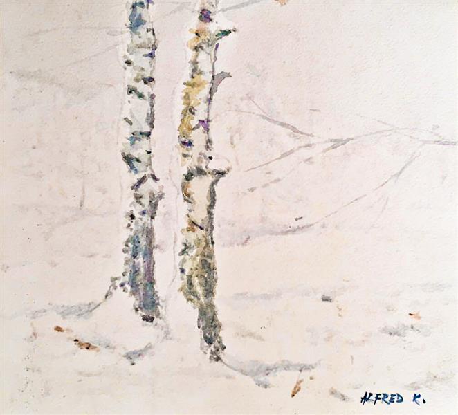 Two birches in winter en plein air, 1996 - Alfred Krupa