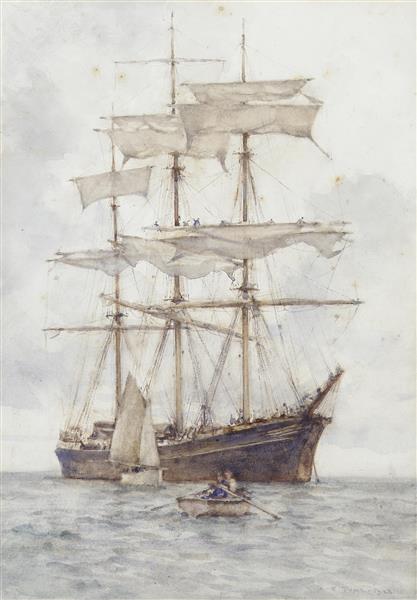 A full-rigged three-master making ready to sail - Henry Scott Tuke