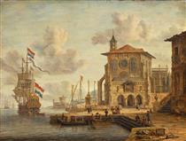 Havnescene Med Middelalderlig Bygning - Abraham Storck