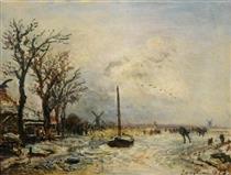 Coast Scene with Windmills - Johan Barthold Jongkind