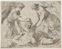Judith Placing the Head of Holofernes onto a Cloth Held by Another Female Figure, the Foreshortened Body of Holofernes Gushes with Blood from the Neck - Palma il Giovane
