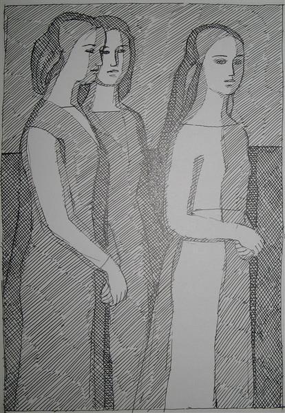 Beatrice With Girlfriends. Illustration to Dante Alighieri's Book 'Vita Nova', 1964 - Григорий Иванович Гавриленко