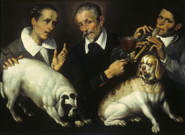 Three Men with Two Dogs, c.1550 - Бартоломео Пассаротті