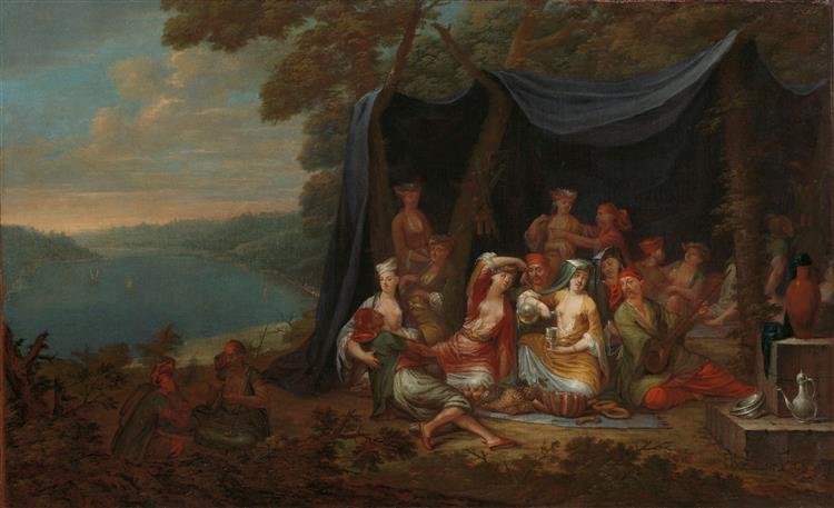 Partying Turkish Courtiers in front of a Tent, c.1720 - c.1737 - Jean Baptiste Vanmour