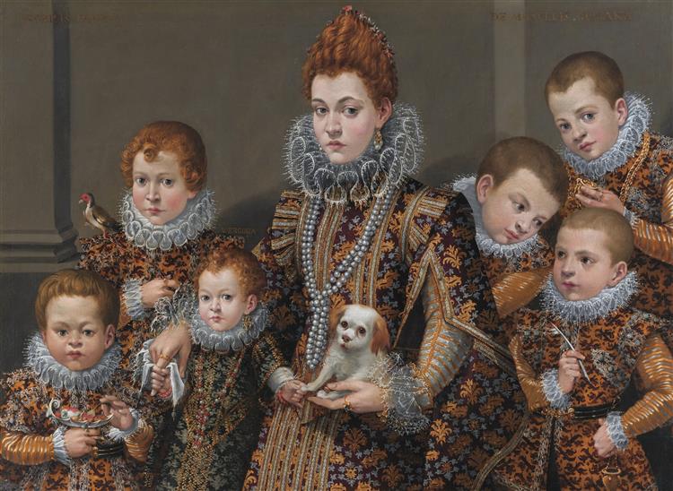 Bianca degli Utili Maselli, holding a dog and surrounded by six of her children - 拉维尼亚·丰塔纳