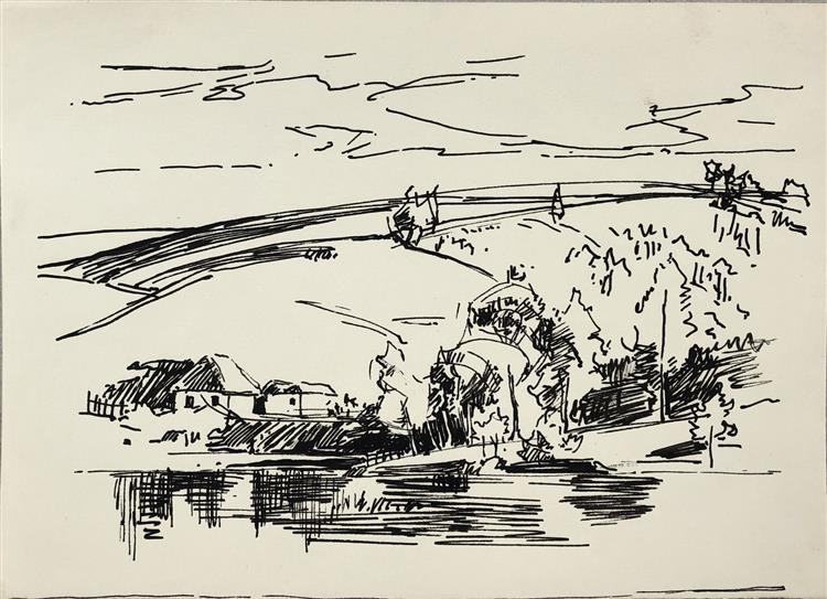 Houses above the water. Stebliv (?), c.1956 - Hryhorii Havrylenko