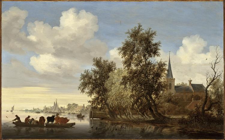 River Landscape with a Ferry - Salomon van Ruysdael