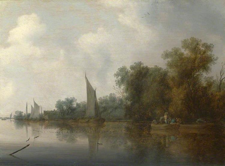 A River with Fishermen Drawing a Net - Salomon van Ruysdael