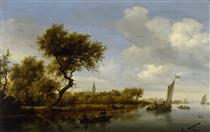 River Landscape with a Church in the Distance - Саломон ван Рейсдал