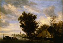 River Scene with Ferry Boat - Саломон ван Рейсдал
