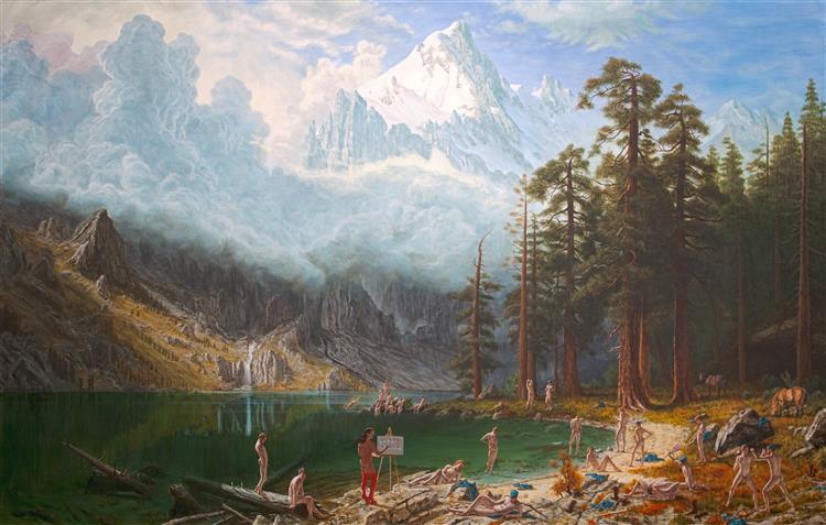 Native American art showing a painting of Native Americans painting white people by a lake.