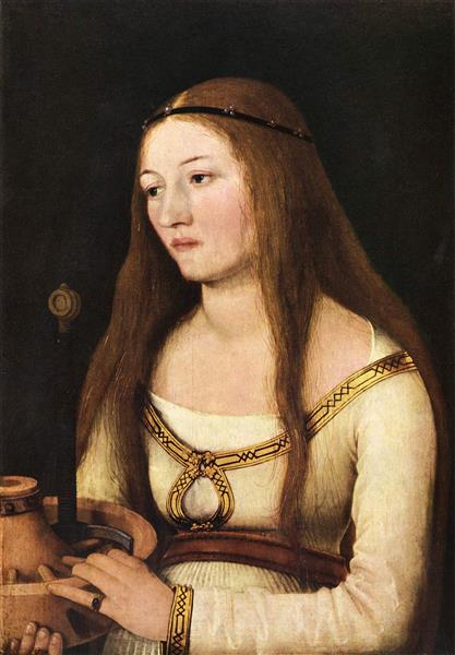 Porträt Der Katharina Schwarz Mit Den Attributen Ihrer Namensheiligen, 1510 - 老漢斯‧霍爾拜因