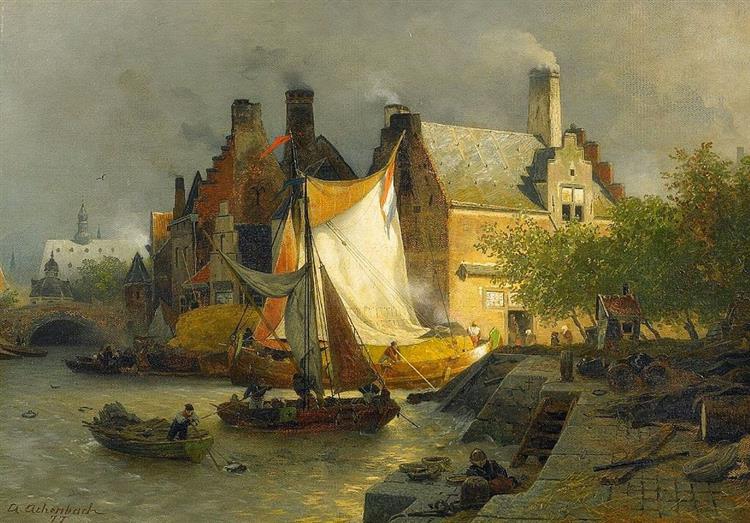 Moored Boats in A Dutch Harbor, c.1880 - c.1900 - Andreas Achenbach