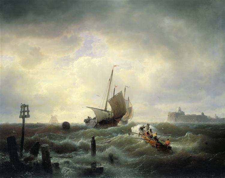 The Entrance to the Harbour at Hellevoetsluys, 1850 - Андреас Ахенбах