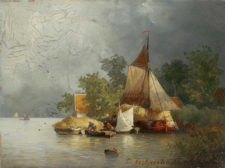 River landscape with barges - Andreas Achenbach