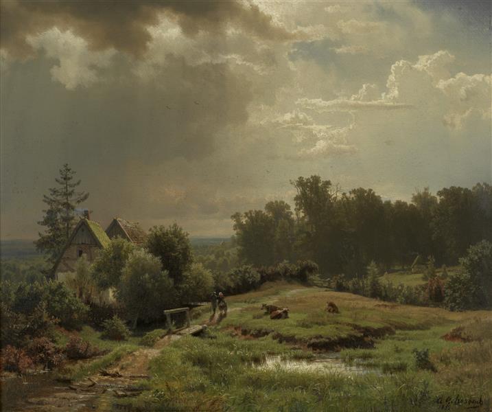 Hilly Landscape With Cloudy Sky, 1852 - Андреас Ахенбах