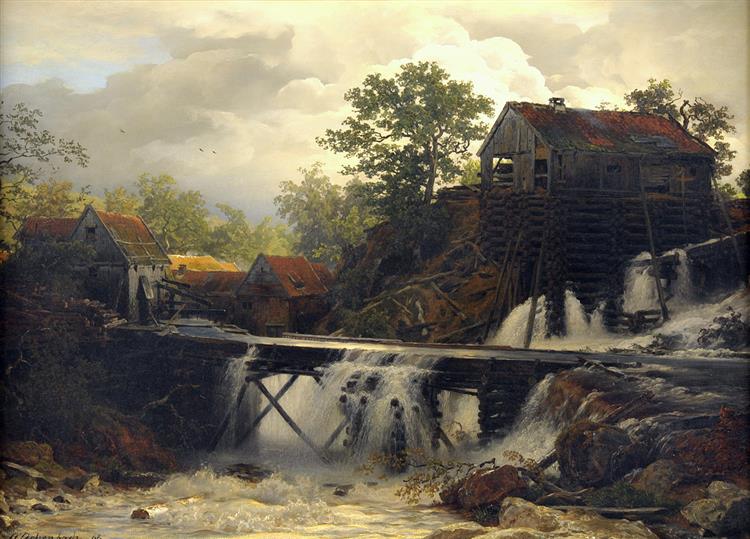 Mill in the forest at a falling mountain water, 1868 - Андреас Ахенбах