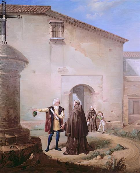 The Franciscan Friars of the Convento of Santa Maria De La Rabida Give Bread and Water to Christopher Columbus and His Son Diego, 1858 - Antonio Cabral Bejarano