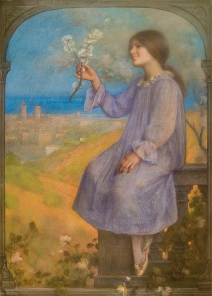 Girl Sitting With Landscape In The Background - Joan Brull