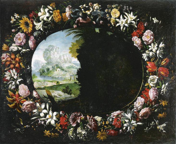 Landscape with Garland of Flowers, 1628 - Хуан Ван дер Амен