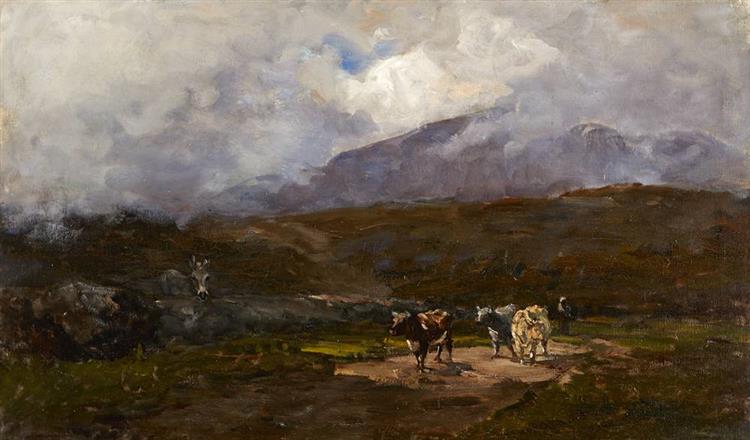 HERDSMAN AND COWS ON A COUNTRY ROAD, GLENMALURE, COUNTY WICKLOW, 1880 - Nathaniel Hone the Younger