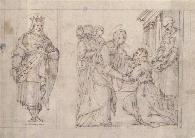 The Visitation of the Virgin to Saint Elizabeth; King Solomon in a Niche at Left - Carlo Urbino