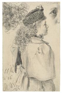 Young girl in profile with fur cap - Адольф фон Менцель