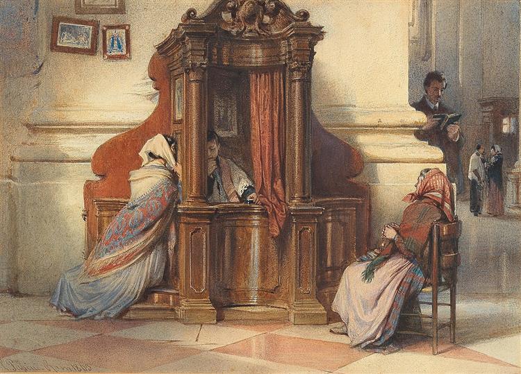 A Church Interior with Women at the Confessional, 1863 - Ludwig Passini