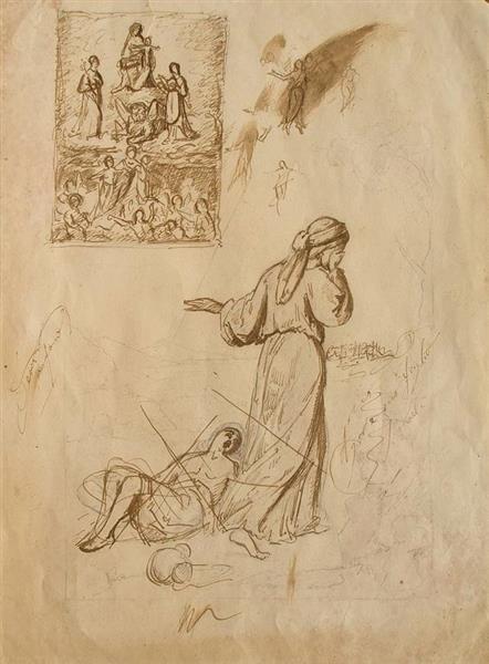 Study for Madonna Enthroned with Saints, study of figures, and study of Hagar and her son Ishmael - Noè Bordignon