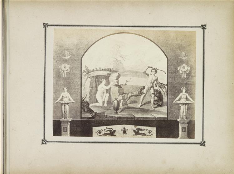 Photo reproduction of (presumably) a print after a mural in Pompeii, depicting Actaeon and Diana, c.1860 - Roberto Rive